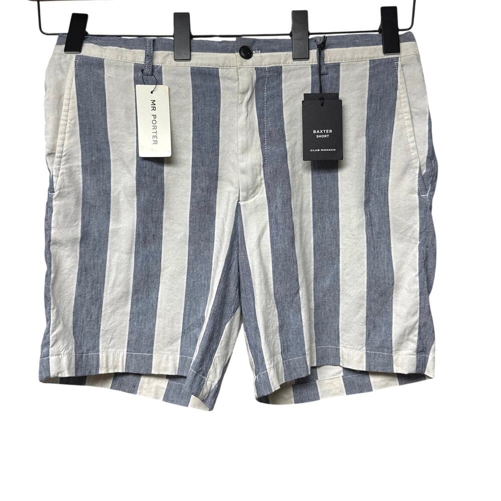 NWT Club Monaco Mens Shorts 34 Slim Fit Blue White Stripe Linen Blend NWT Preppy